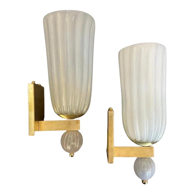 Two 1990s Barovier Style Mid-Century Modern Brass and Murano Glass Wall Sconces For Sale