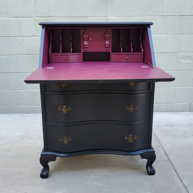 1940s Vintage Secretary Desk Painted Black & Plum For Sale - Image 12 of 12