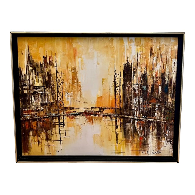 Vintage Mid Century Modern Abstract Cityscape Oil on Canvas For Sale