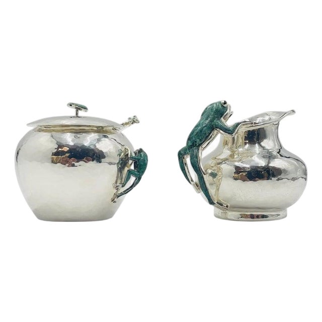 1980s Silver & Malachite Creamer, Spoon & Covered Sugar Pot Set by Emilia Castillo For Sale