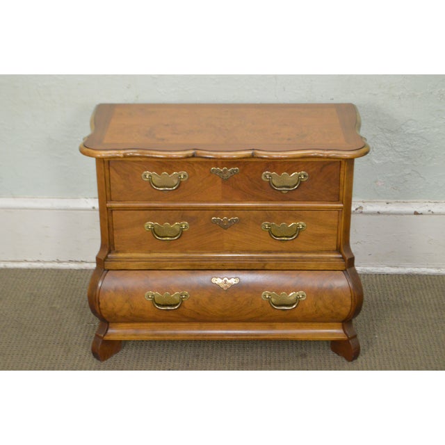 Baker Walnut Bombe Continental Style 3 Drawer Commode Chest Nightstand
