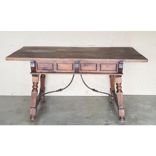 19th Century Solid Oak Baroque Fluted Legs Desk Writing Table or Console For Sale In Miami - Image 6 of 18