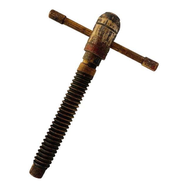 Primitive Industrial Antique Large Decorative Wooden Screw For Sale