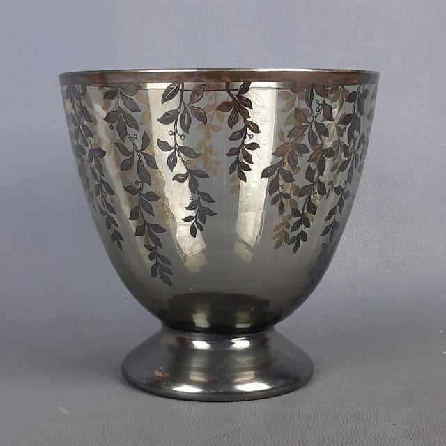 Vintage Fume Murano Glass Vase Centerpiece Cup with Silver Leaves, 1950s For Sale - Image 3 of 16