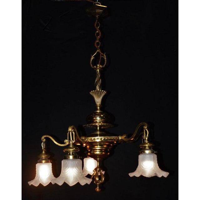 Pink Art Deco French Brass Five-Light Chandelier with Opaline Glass Shades, 1920s For Sale - Image 8 of 18