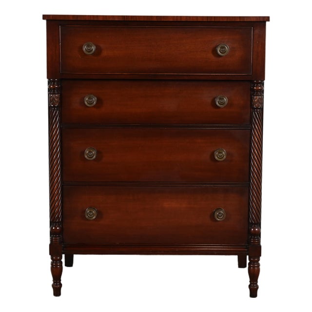 Kindel Furniture American Empire Carved Mahogany Four-Drawer Highboy Dresser, Circa 1960s For Sale