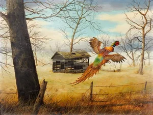 Late 20th Century Pheasant in Flight Painting