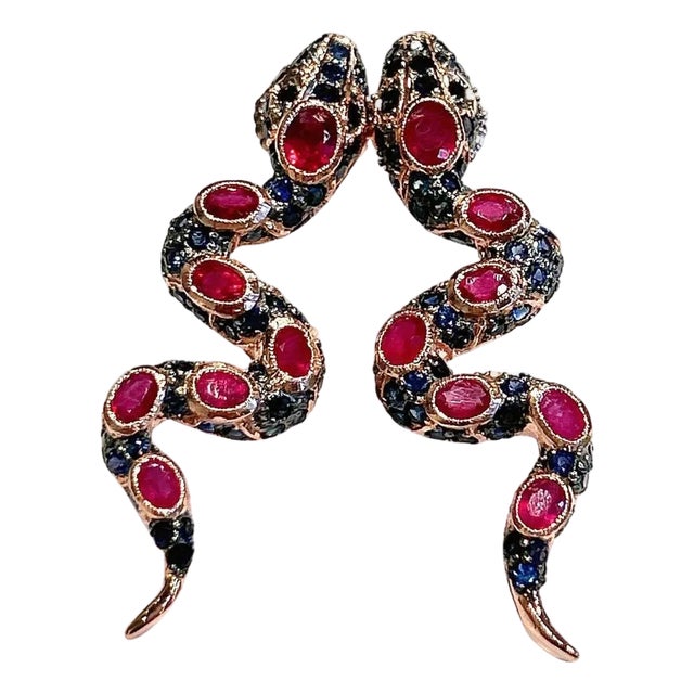Bochic “Orient” Vintage Ruby & Sapphire Serpent Earrings Set 18K Gold & Silver For Sale