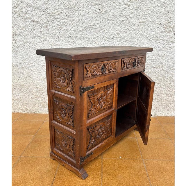 Wood Spanish Rustic Castilian Carved Wood Cabinet, 1930s For Sale - Image 7 of 18