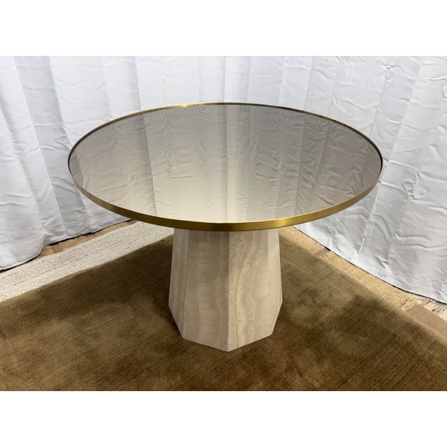 Arhaus Sculptural Stone Pedestal Bistro Table — 38" Antiqued Mirrored Glass Top | Warm Antiqued Brass–Toned Rim | Faceted...