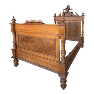 Antique French Louis XVI Style Full Size Rosewood Carved Bed Frame Baroque For Sale