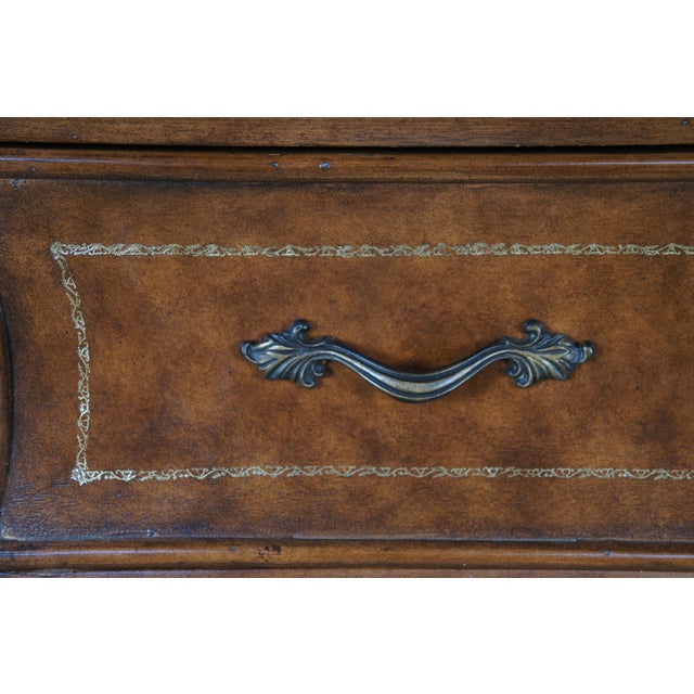 Vintage French Louis XVI Tooled Leather Bombe Chest Dresser Commode 44" For Sale - Image 9 of 12