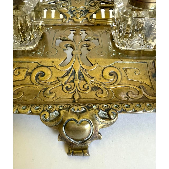 Late 19th Century Antique French Victorian Brass Double Inkwell Desk Set With Crystal Inkwells For Sale - Image 5 of 10