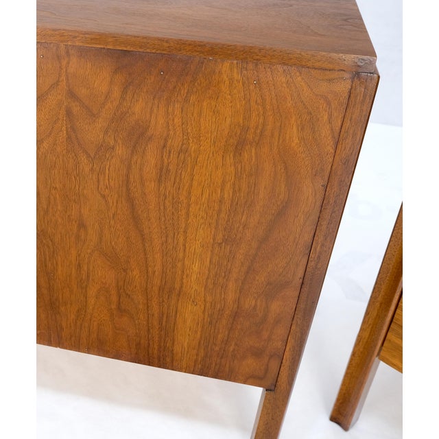 Pair Finished Back Danish Mid Century Modern One Drawer Walnut Night Stands MINT For Sale - Image 11 of 18
