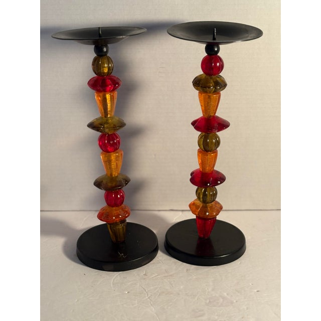 Vintage Art Deco Style Glass and Metal Multicolored Candlestick Holder Pair For Sale In Indianapolis - Image 6 of 8