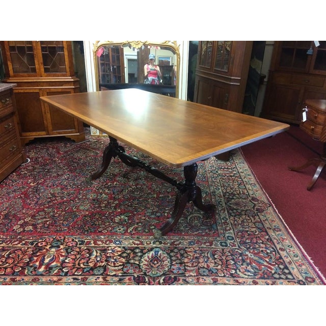 Wood Vintage Banded Mahogany Table, Trestle Style Base Dining Table For Sale - Image 7 of 16