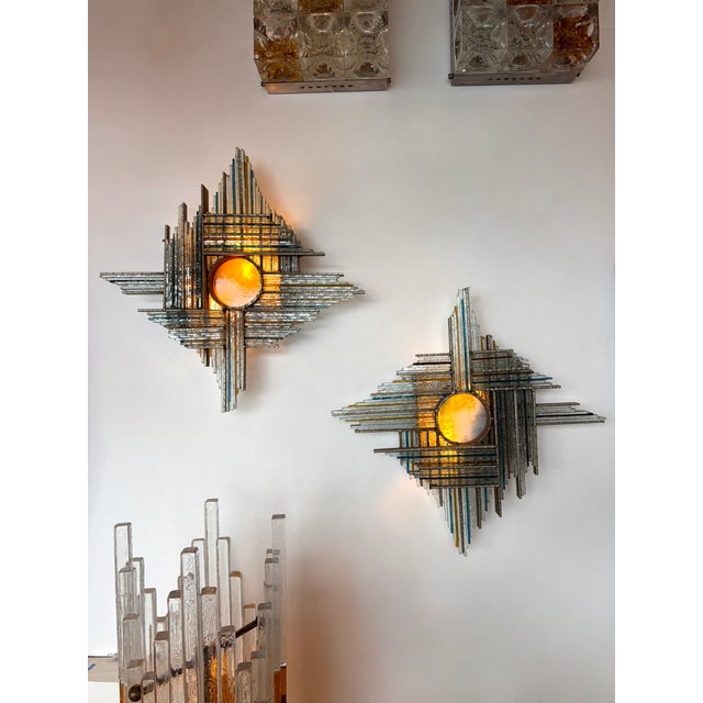 Mid-Century Modern wall lamp light lighting sconce hammered glass, amber, blue, clear hammered glass and iron, gilt copper...