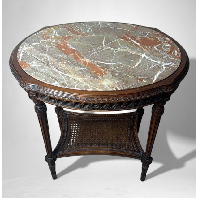 Neoclassical Early 20th Century Neoclassical Italian Walnut Side Table With Marble Top and Vienna Straw Shelf For Sale - Image 3 of 18