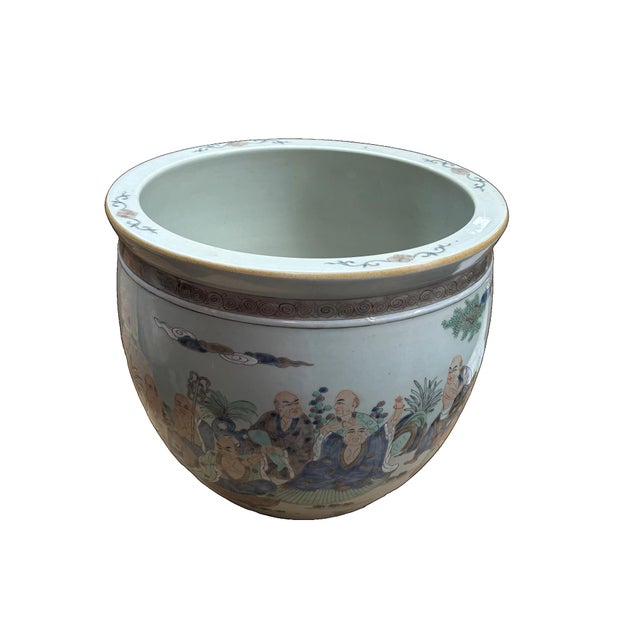 Vintage Oriental 18 Arhats Graphic Porcelain Round Pot Planter For Sale In San Francisco - Image 6 of 10