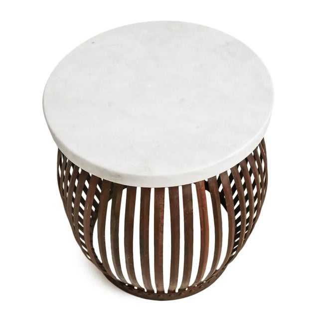 Rustic Vintage White Marble Iron Strap Barrel Side Table For Sale - Image 3 of 6