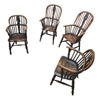Antique Windsor High Spindle Back Armchairs in Elm Wood, 1800s, Set of 4 For Sale