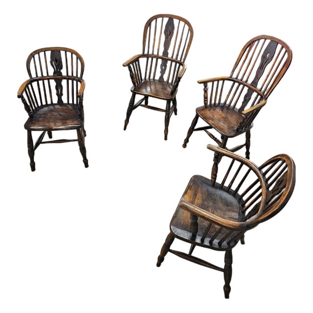Antique Windsor High Spindle Back Armchairs in Elm Wood, 1800s, Set of 4 For Sale