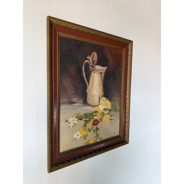 Impressionist Vintage Floral & Pitcher Still Life Oil Painting on Masonite - Framed For Sale - Image 3 of 13