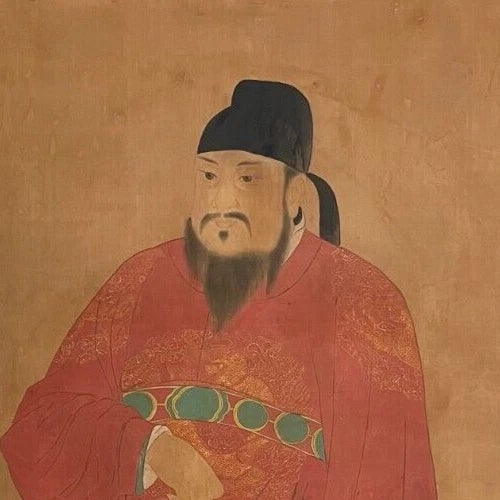 Large 19th Century Chinese Emperor Gaozu of Tang Dynasty (616-626 AD) Framed Painted Silk Full Frontal Portrait....