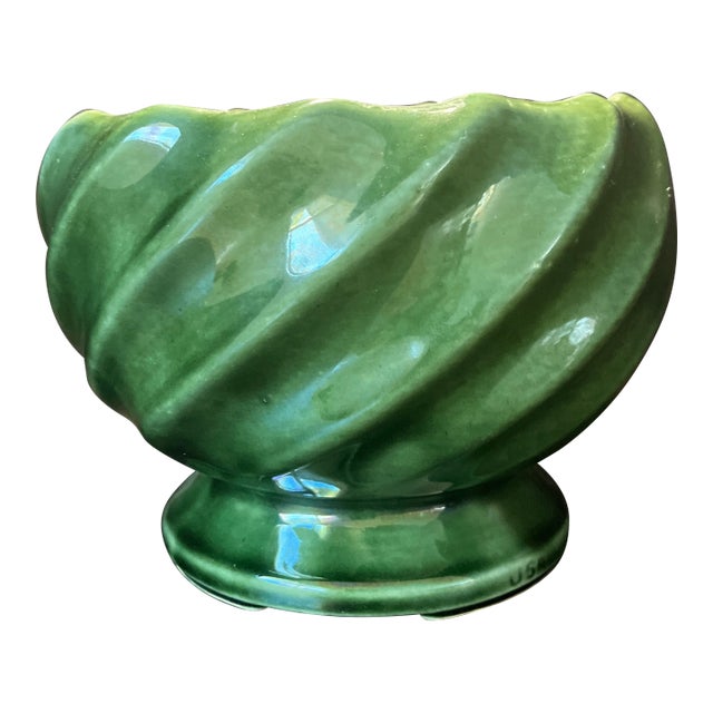 Mid 20th Century Bottle Green Ceramic Swirl Planter For Sale