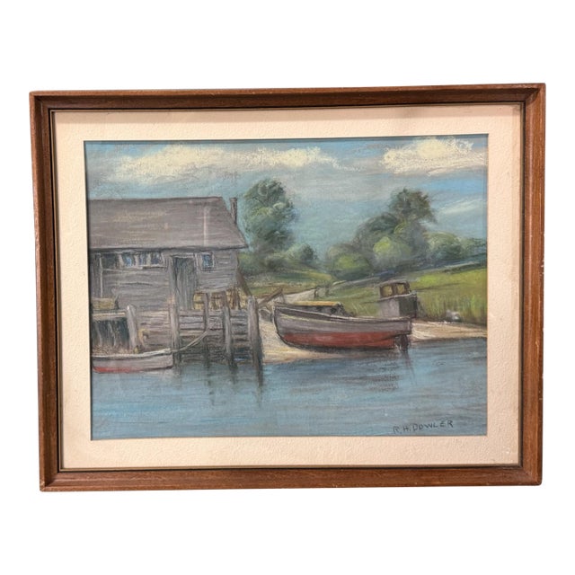 Vintage Cottage Dockside Landscape Framed Pastel Watercolor Painting W Boat For Sale