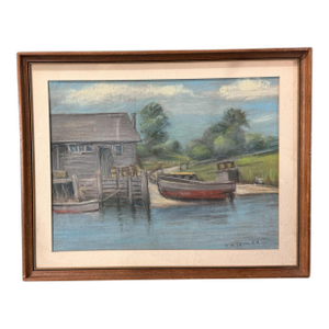 Vintage Cottage Dockside Landscape Framed Pastel Watercolor Painting W Boat