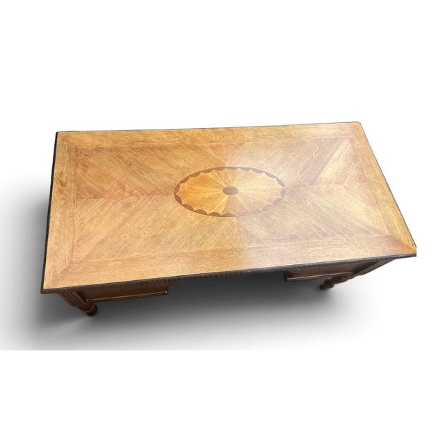 Late 20th Century Compass Star Parquetry Oak Executive Desk With Keyboard Drawer & Carved Rope Edge For Sale In Los Angeles - Image 6 of 9