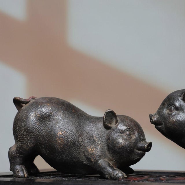 Mid 20th Century Vintage Pair of Gilt Bronze Pig Figures - Chinese Zodiac Sculptures For Sale - Image 5 of 9