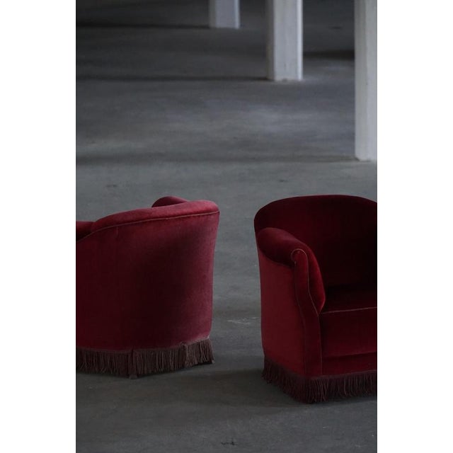 Vintage Danish Curved Lounge Chairs in Deep Red Velvet with Fringes, 1940s, Set of 2 For Sale - Image 14 of 18