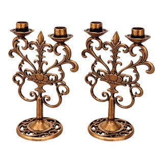 A Pair Vintage Spanish Revival Baroque Rococo Revival C. 1960's Copper and Cast Metal Candlesticks With Antiqued Copper Finish, European Revival Style For Sale