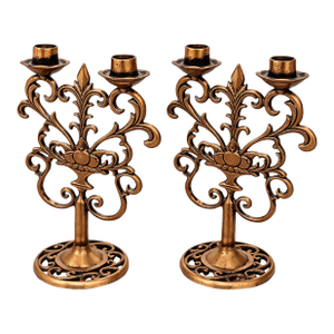 A Pair Vintage Spanish Revival Baroque Rococo Revival C. 1960's Copper and Cast Metal Candlesticks With Antiqued Copper Finish, European Revival Style