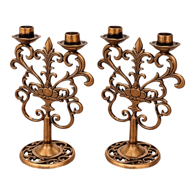 Pair of C. 1960's Copper and Cast Metal Candlesticks With Antiqued Copper Finish, European Revival Style For Sale