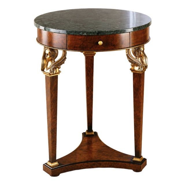 Italian Olive Ash Burl Marble Top Accent Table With Winged Figures For Sale