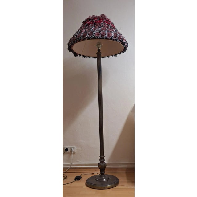 German Art Deco Floor Lamp with Patinated Brass Base and Handmade Flower Shade, 1930s For Sale - Image 6 of 13
