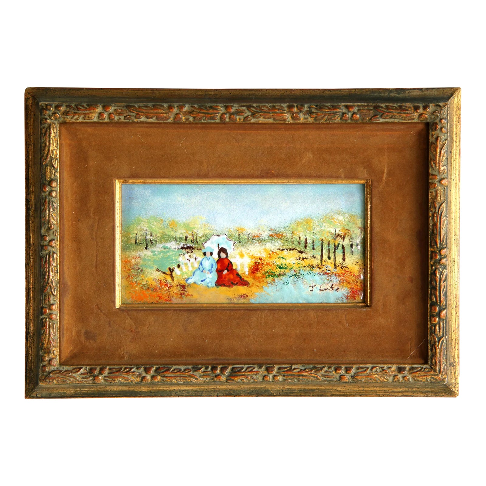 Vintage Mid Century Enamel on Copper Landscape W/ Figures