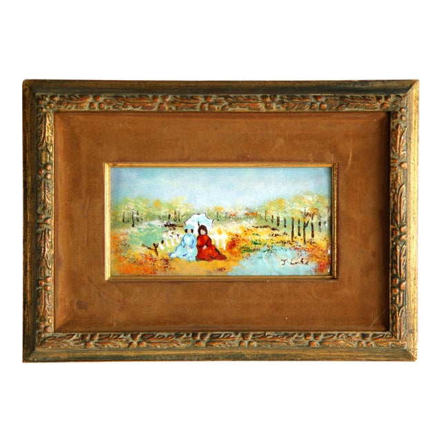 Vintage Mid Century Enamel on Copper Landscape W/ Figures For Sale