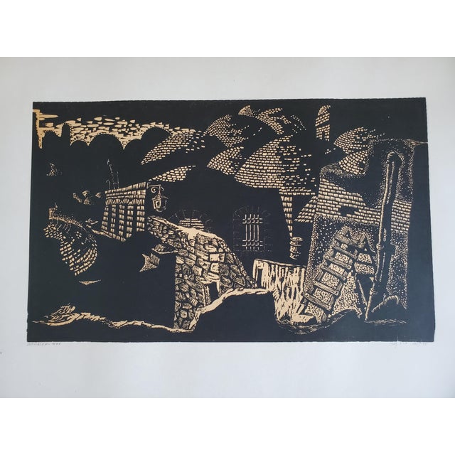 A Vintage Linocut block print Signed Arieh Kimhi, Judaica Artist Jerusalem 1974, 131/135. Abstract Landscape Old City...