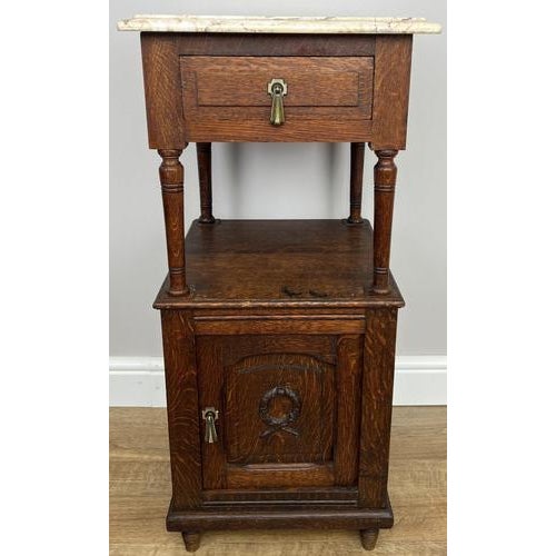 Bedside Tables in Carved Oak with Marble Top, Set of 2 For Sale - Image 4 of 14