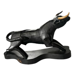Vintage 1970s Wood Carved Bull Sculpture by Mexican Artist Jose Pinal