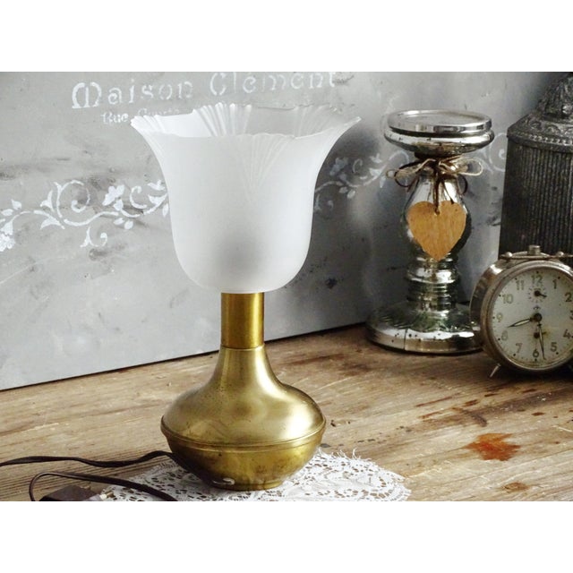1950s Solid Brass Table Lamp Tulip Milky Glass Shade For Sale - Image 9 of 10