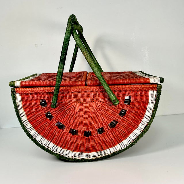 Farmhouse 1980s Vintage Boho Chic Arts & Crafts Trompe L’Oeil Watermelon Wicker Picnic Basket. For Sale - Image 3 of 18