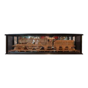 Carved Wood Model of a Locomotive in Black Lacquered and Glass Case