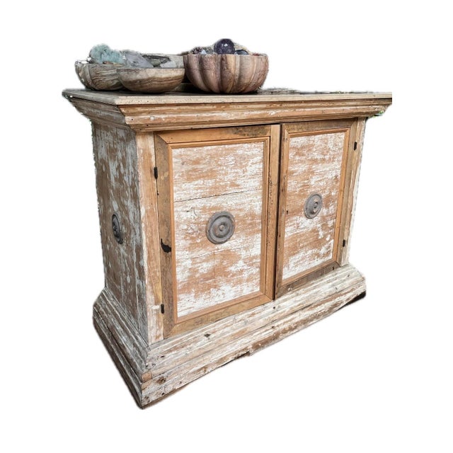 Unique cabinet from Tuscan countryside, painted pinewood with bull nosed Travertine top.