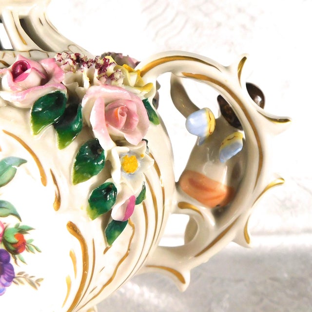 Ceramic Dresden Footed Bowl With Angels and Three Dimensional Flowers For Sale - Image 7 of 18