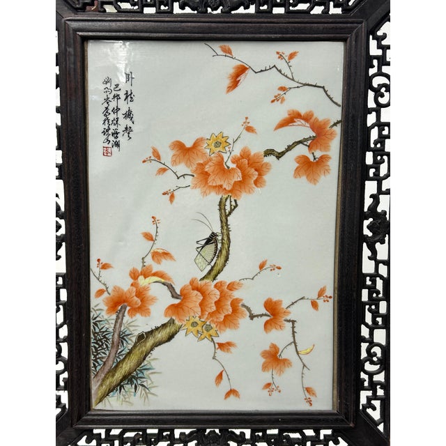 Chinese Orange Blossoms Porcelain Painting Wood Frame Tabletop Screen Art For Sale In San Francisco - Image 6 of 9